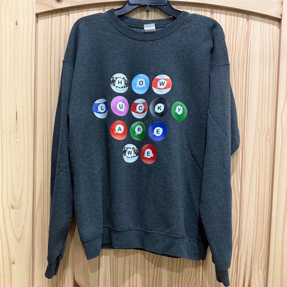 Hanes EcoSmart How Lucky Are We Pool Ball Graphic Sweatshirt Gray Large